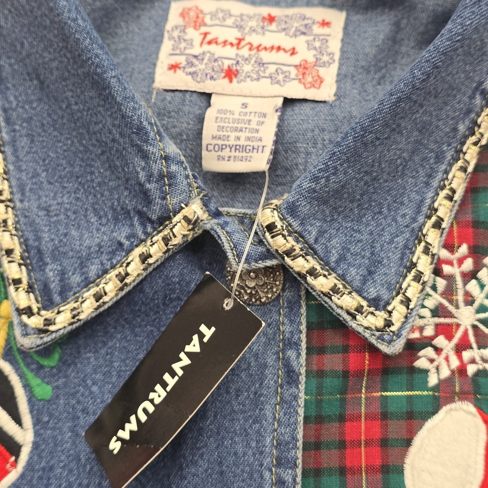 Vintage 90s Tantrums Christmas Denim Jacket Womens S Patchwork Santa NWT - Picture 5 of 8